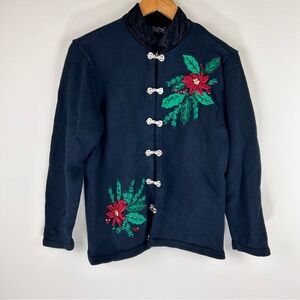Vtg Crystal Kobe Holiday Christmas Black Cardigan Size M